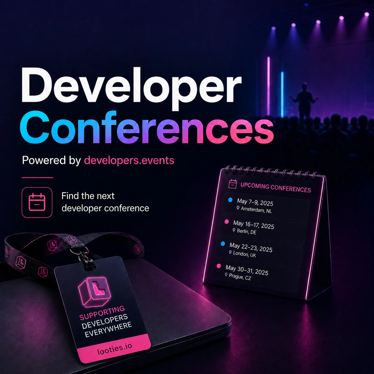 Developer Conferences calendar on Looties — find upcoming tech events by month and country