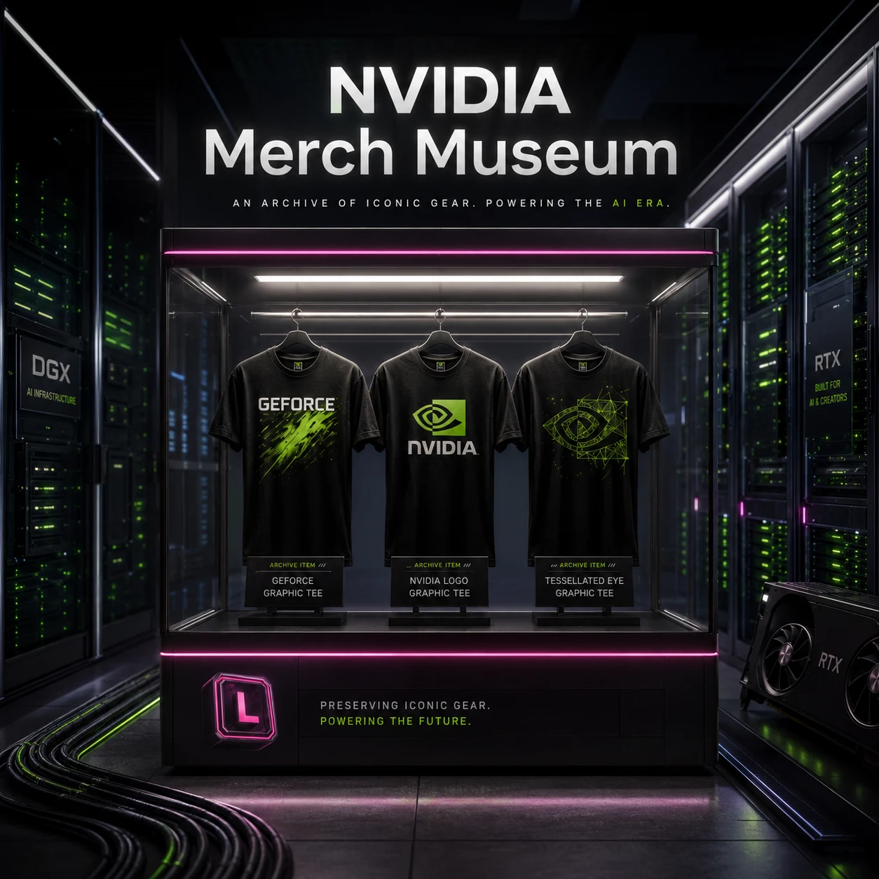 NVIDIA Merch Museum display case with archived GeForce tees, logo apparel, and GPU culture collectibles